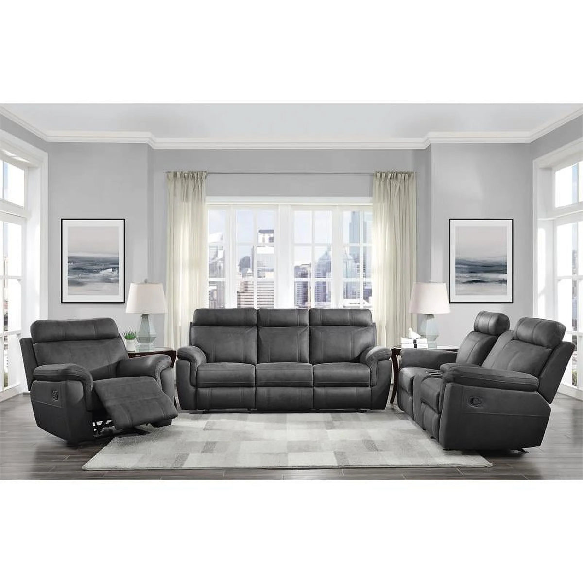 Microfiber Double Reclining Sofa with Cup Holders in Gray W808