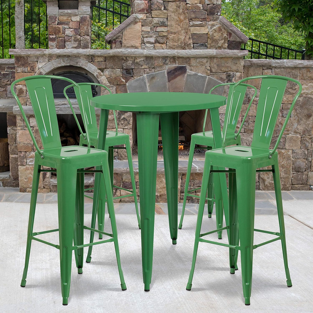 30 Round Silver Metal Bar Table Set with 4 Cafe Stools O615534