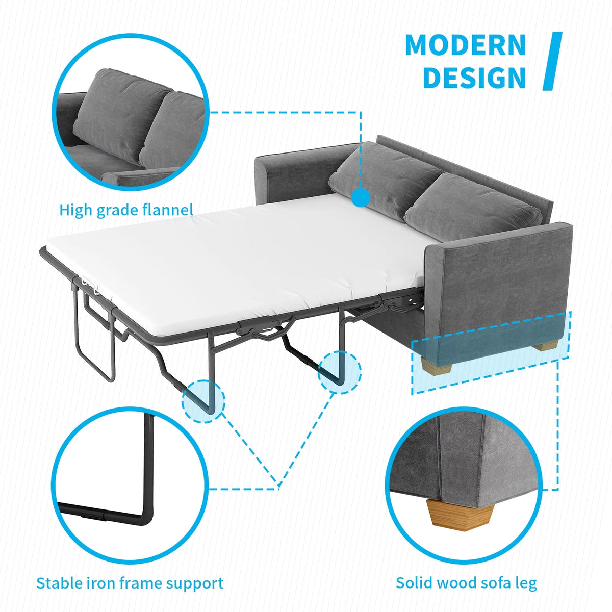 Grey Full Pull Out Sofa Bed with Memory Foam Mattress D9670