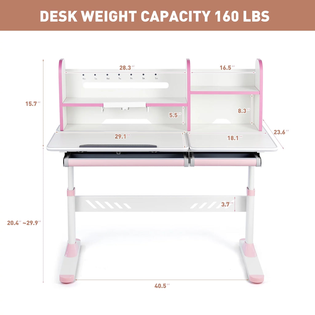 Adjustable Kids Desk and Chair Set with Hutch and 2 Storage Drawers V600