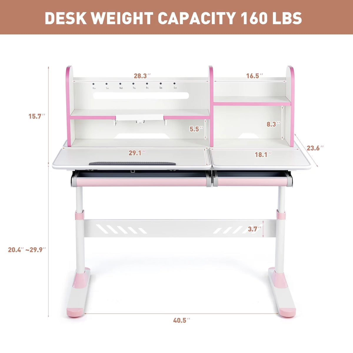 Adjustable Kids Desk and Chair Set with Hutch and 2 Storage Drawers V600