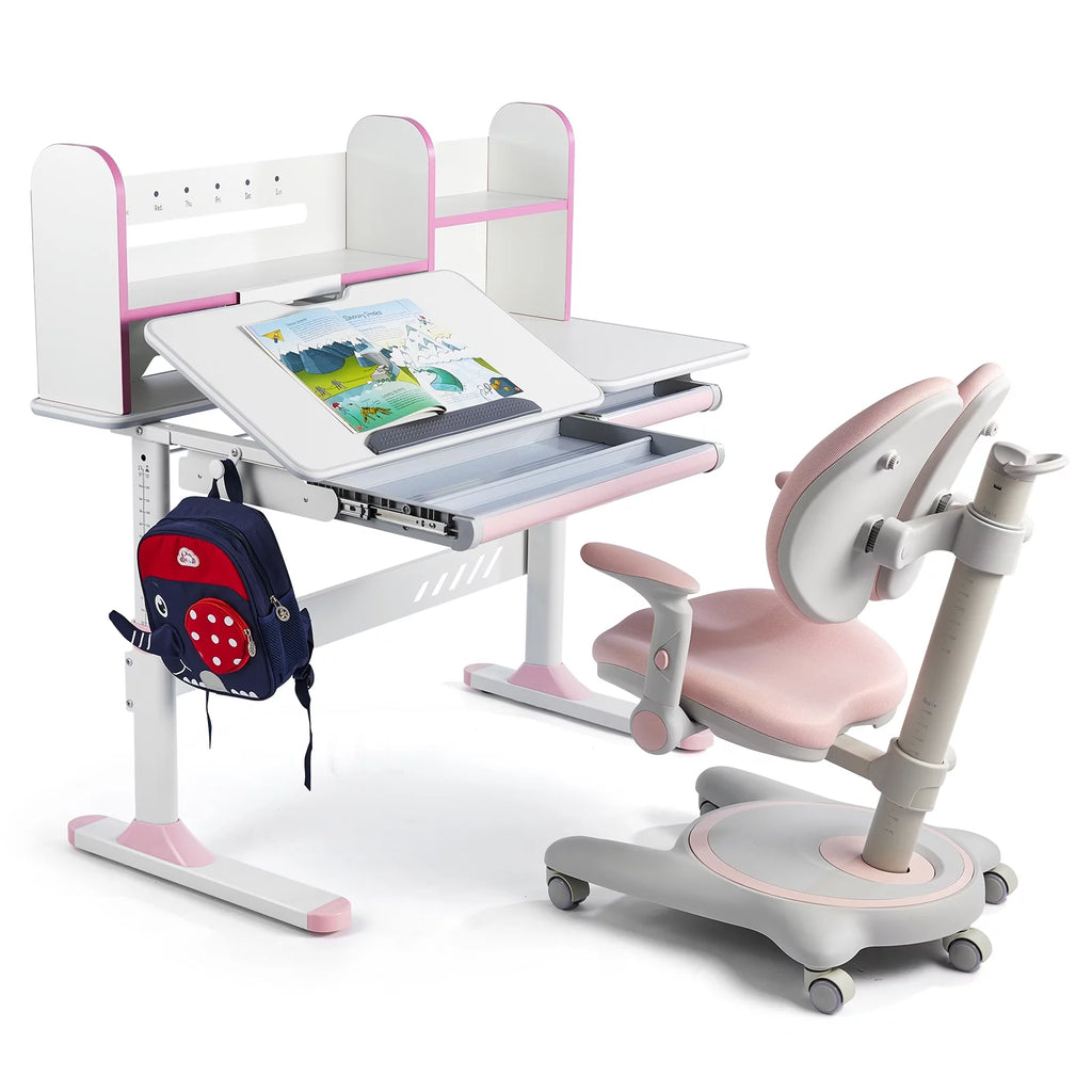 Adjustable Kids Desk and Chair Set with Hutch and 2 Storage Drawers V600