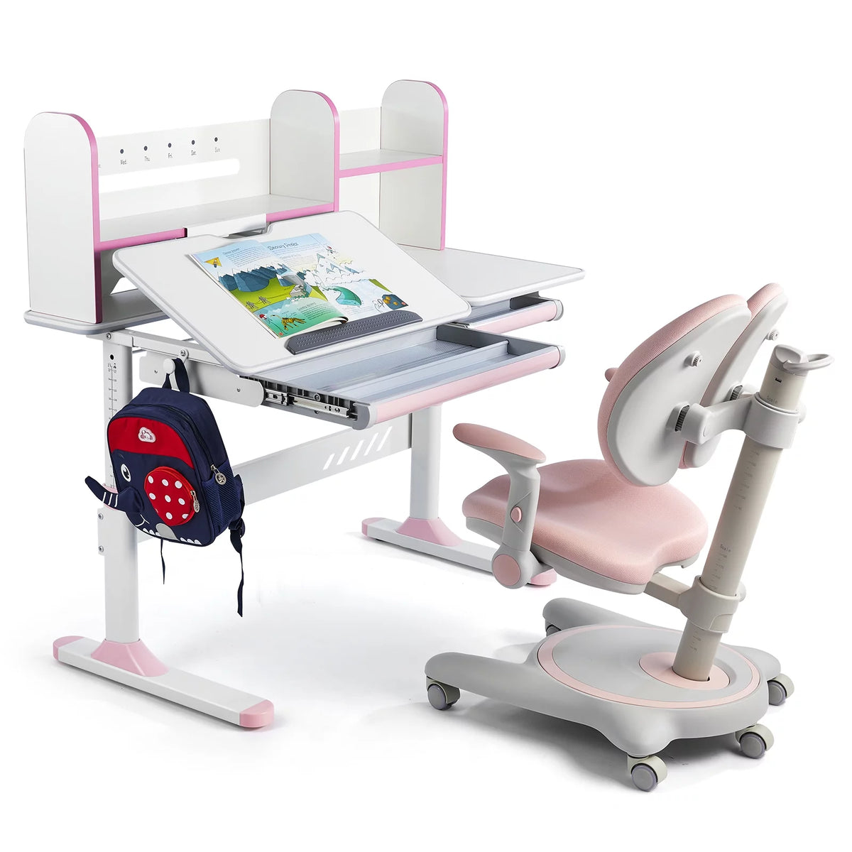 Adjustable Kids Desk and Chair Set with Hutch and 2 Storage Drawers V600