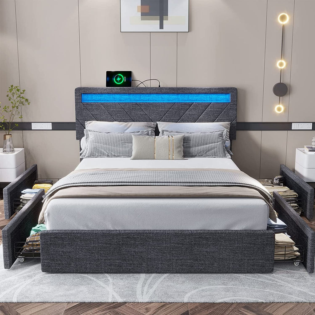 Queen Upholstered Platform Bed Frame with 4 Storage Drawers and LED Headboard A9811