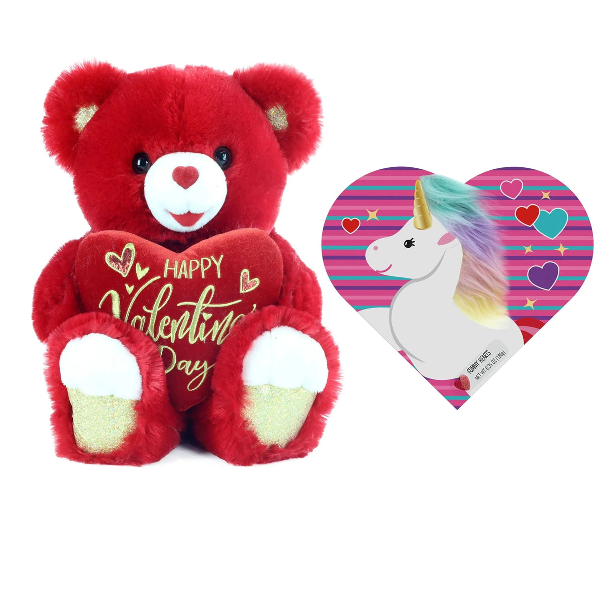 Red Teddy Bear with Unicorn Heart Box with Gummies, 6.35 Oz W9380