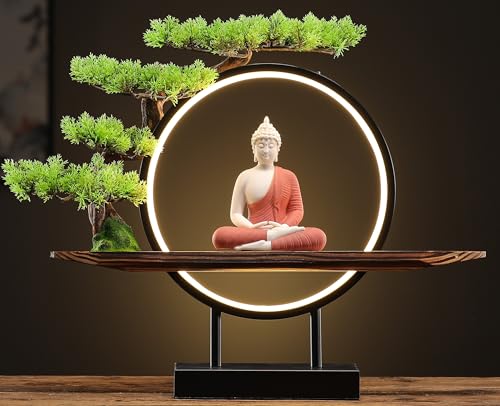 White Ceramic Buddha Statue with Green Artificial Tree and LED Circle Table Lamp, 16.5 in E362030