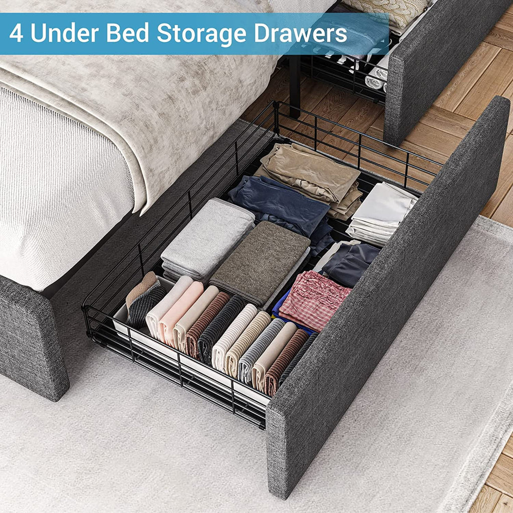 Queen Upholstered Platform Bed Frame with 4 Storage Drawers and LED Headboard A9811