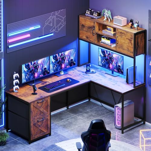 Black L Shaped Computer Desk with Fabric Drawers and Power Outlet T246