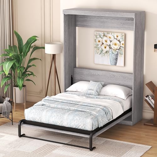 Full Size Grey Murphy Bed with Side Cabinet Storage N82756