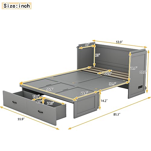 White Queen Size Foldable Wood Wall Bed Frame with Shelves and LED Lights N7393