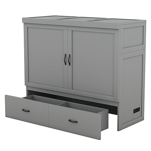 White Queen Size Foldable Wood Wall Bed Frame with Shelves and LED Lights N7393