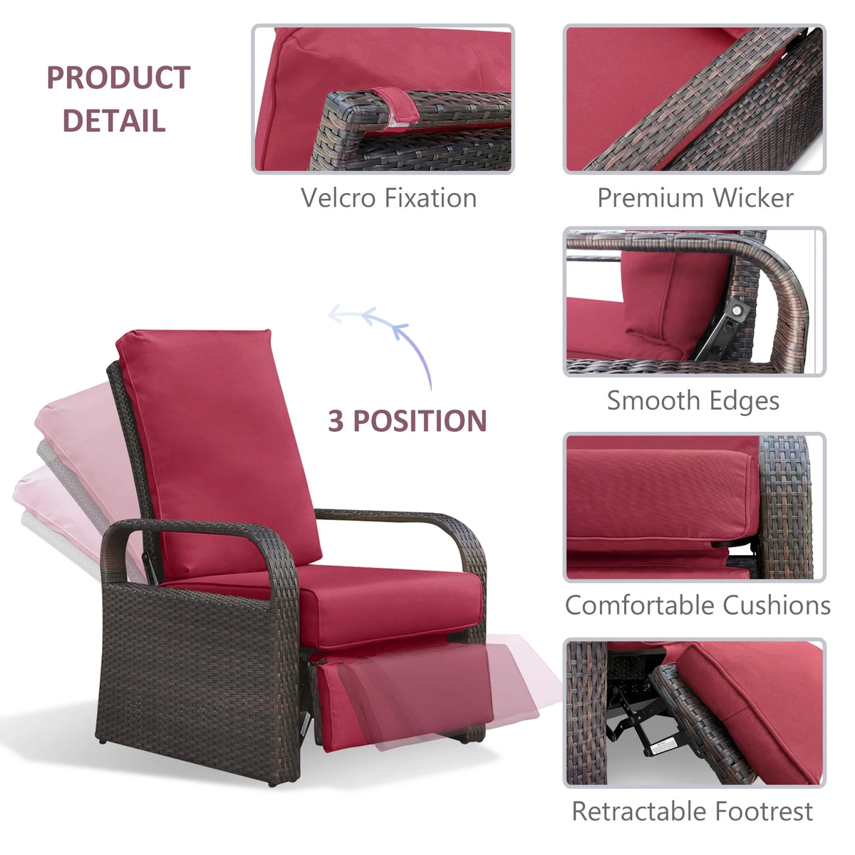 Red Resin Wicker Recliner Chair with Footrest H33982