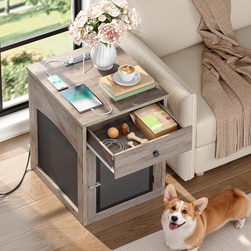 Wooden Dog Crate Furniture with Drawer and Charging Station R445