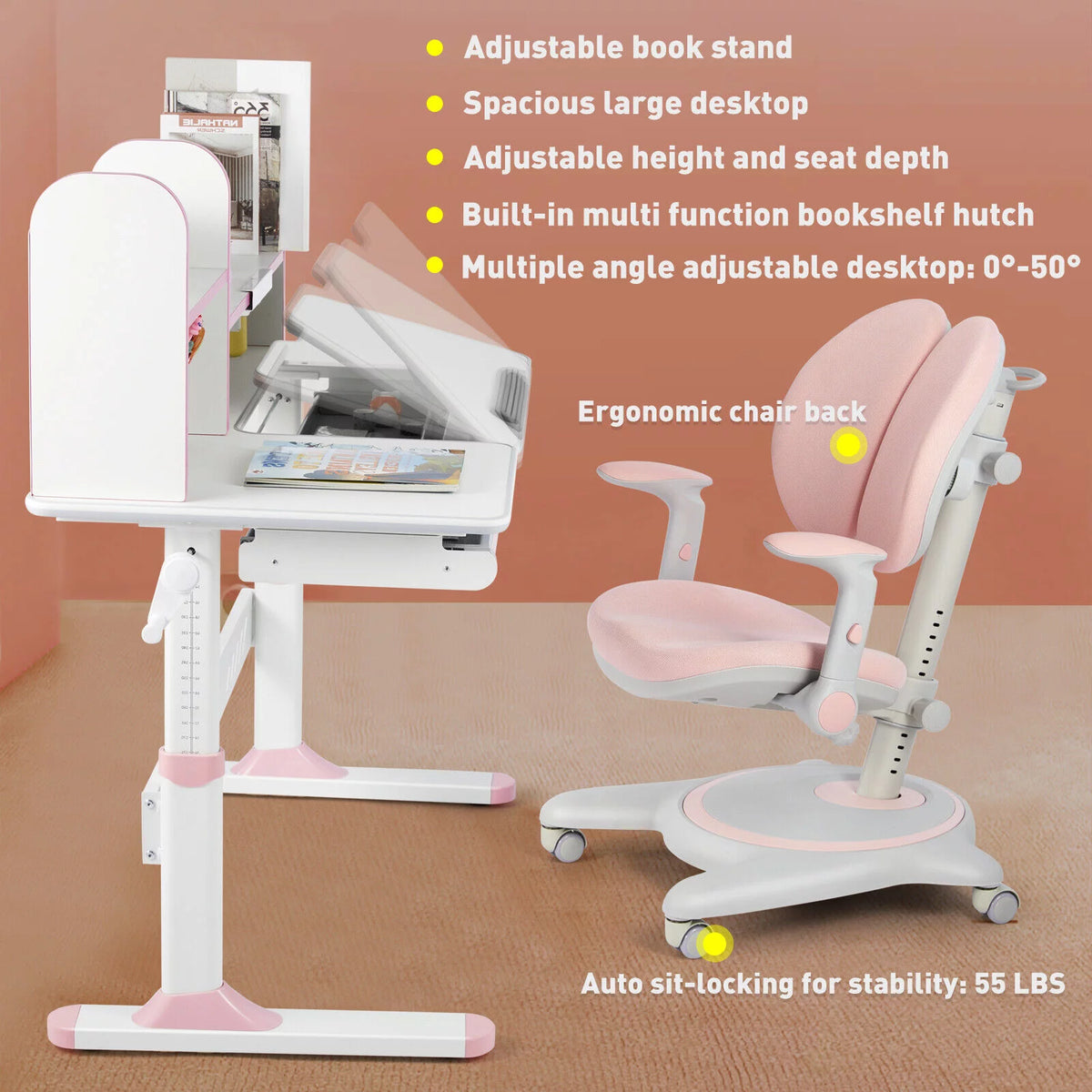 Adjustable Kids Desk and Chair Set with Hutch and 2 Storage Drawers V600
