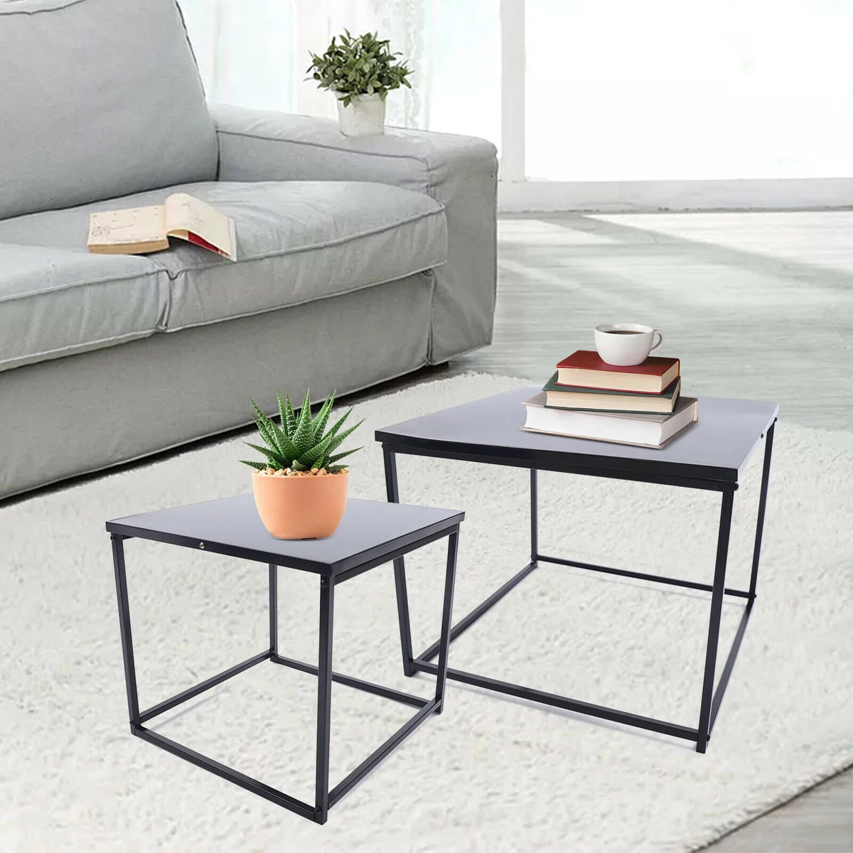 2pcs Black Metal Side Table J852559