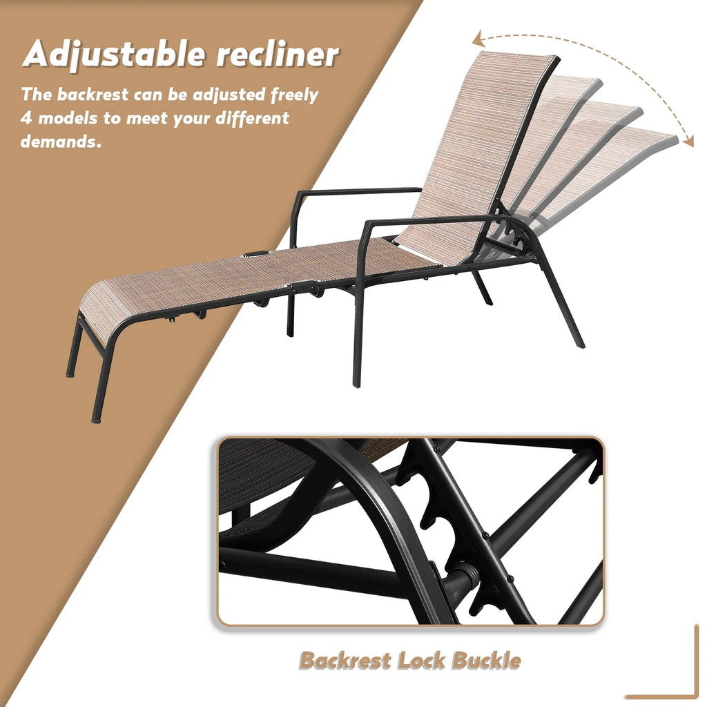 3 Pcs Adjustable Steel Outdoor Chaise Lounge Set with Tempered Glass K572370