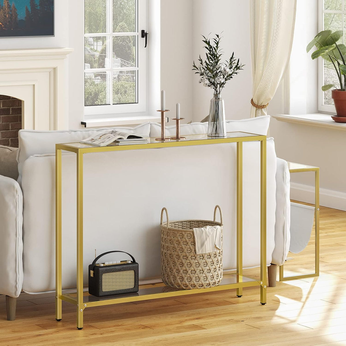 Gold Console Table with Tempered Glass and Metal Frame T459