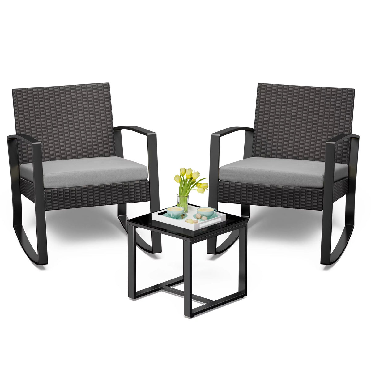 3 Pieces Wicker Patio Set with Glass Table Grey Cushion Y69476