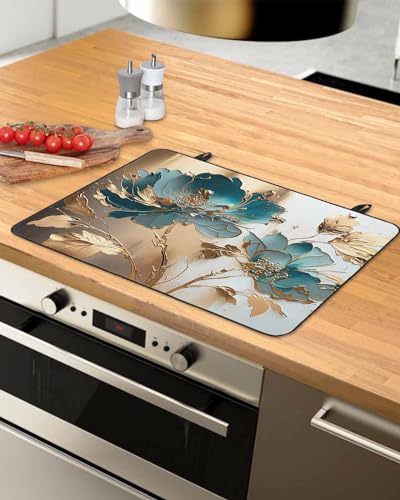 Teal Floral Blossom Gold Foil Leaves Induction Cooktop Protector Mat 24x21IN U654830