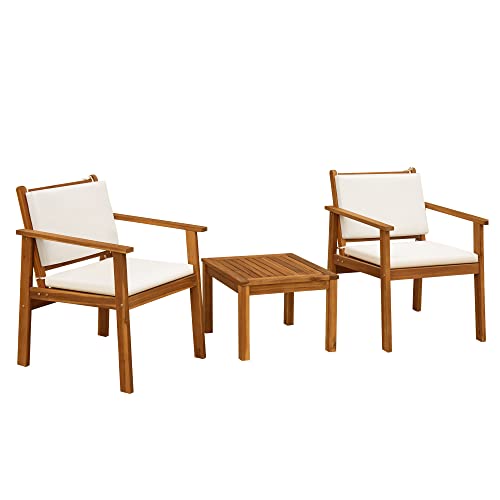 3 Piece Acacia Wood Patio Chairs with Coffee Table & Cushions M528