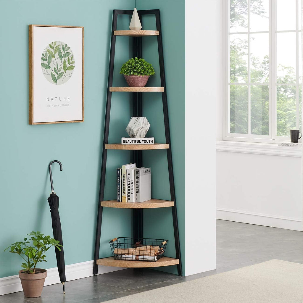 5 Shelf Oak Finish Corner Bookcase and Shelf O73075