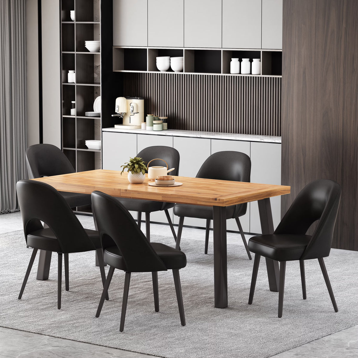 7 Piece Faux Leather Metal Wood Dining Set J4648