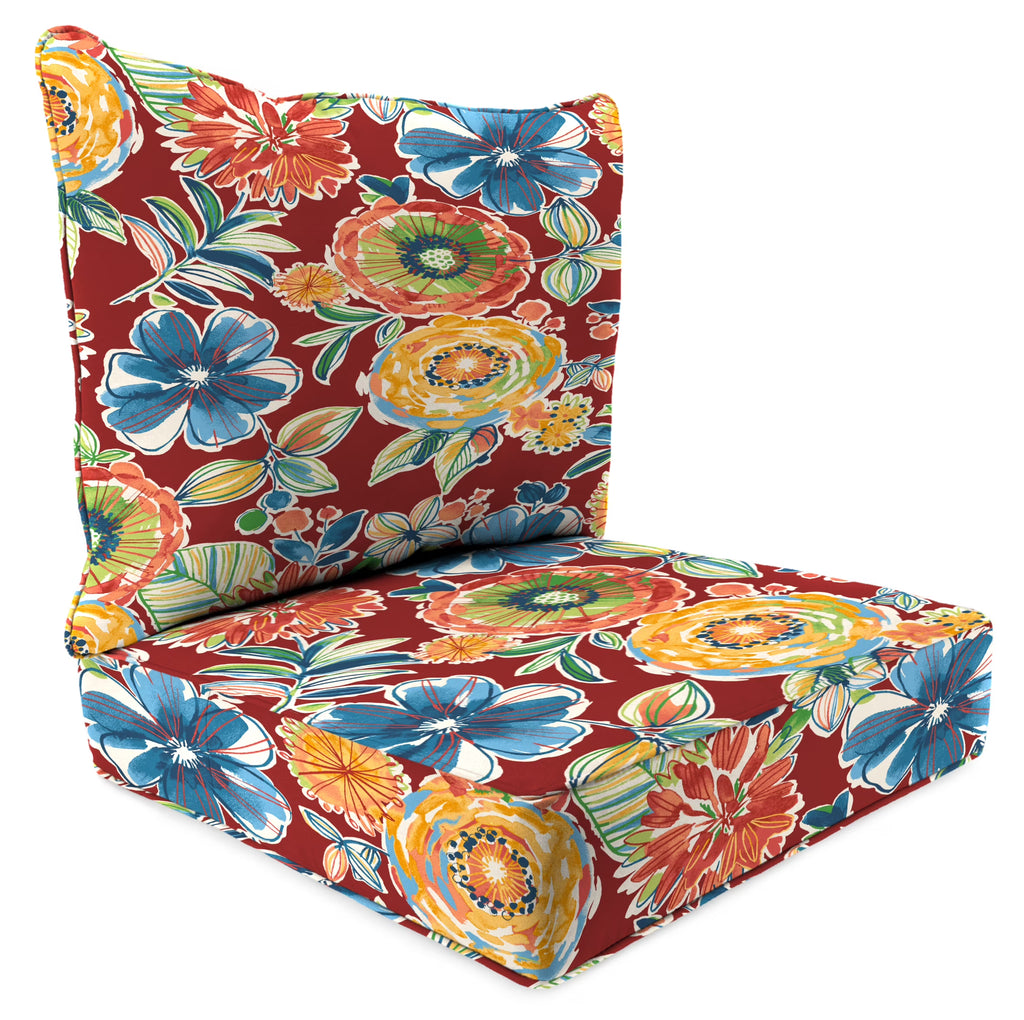 Colsen Berry Red Floral Rectangular Outdoor Deep Seating Chair Seat and Back Cushion with Welt V192