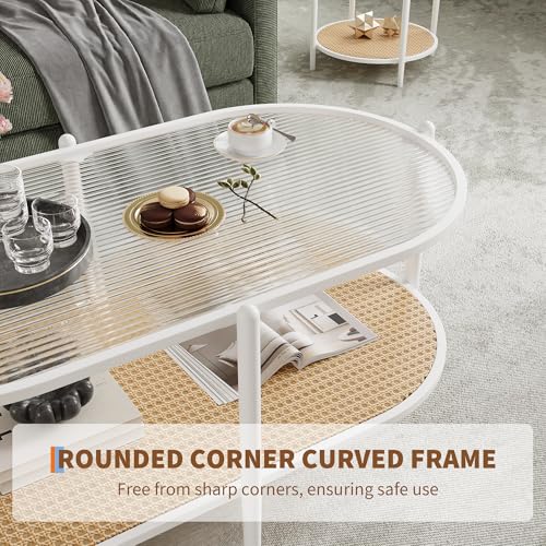 37" Rattan Oval Coffee Table, 2-Tier Storage Shelf Metal Frame B128
