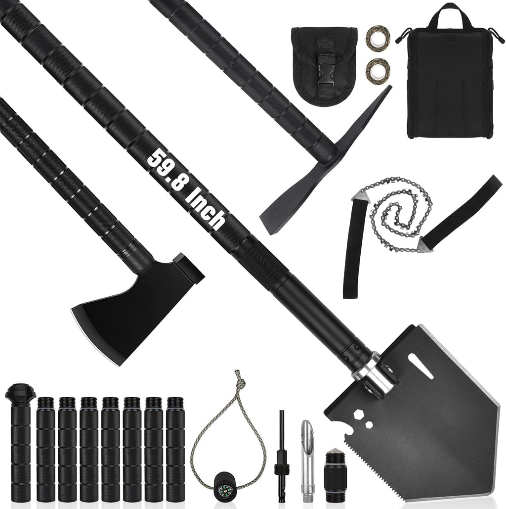 59.8 Inch High Carbon Steel Survival Shovel Axe Kit with Pickaxe Chainsaw T981