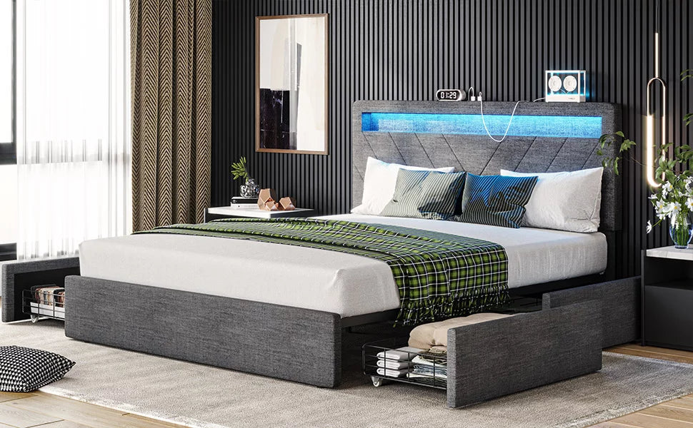 Queen Upholstered Platform Bed Frame with 4 Storage Drawers and LED Headboard A9811