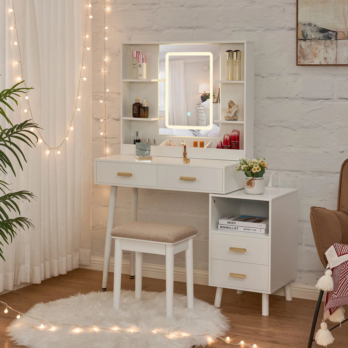 White Vanity Desk with Mirror and Lights Q57459