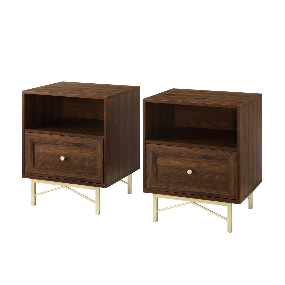 Modern Single Drawer Nightstand, Set of 2, Dark Walnut E4985
