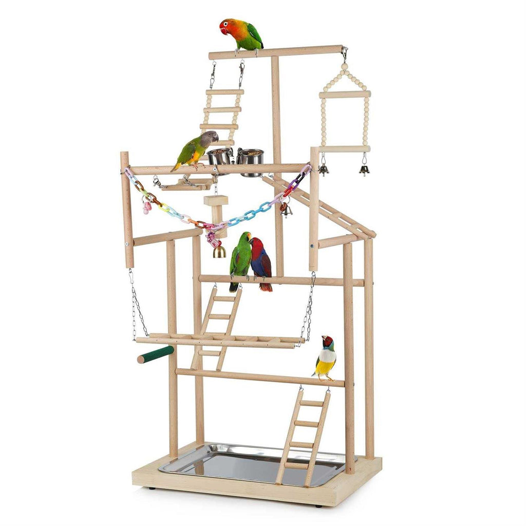 Wood Bird Playstand with Feeder Cups and Bells M3294