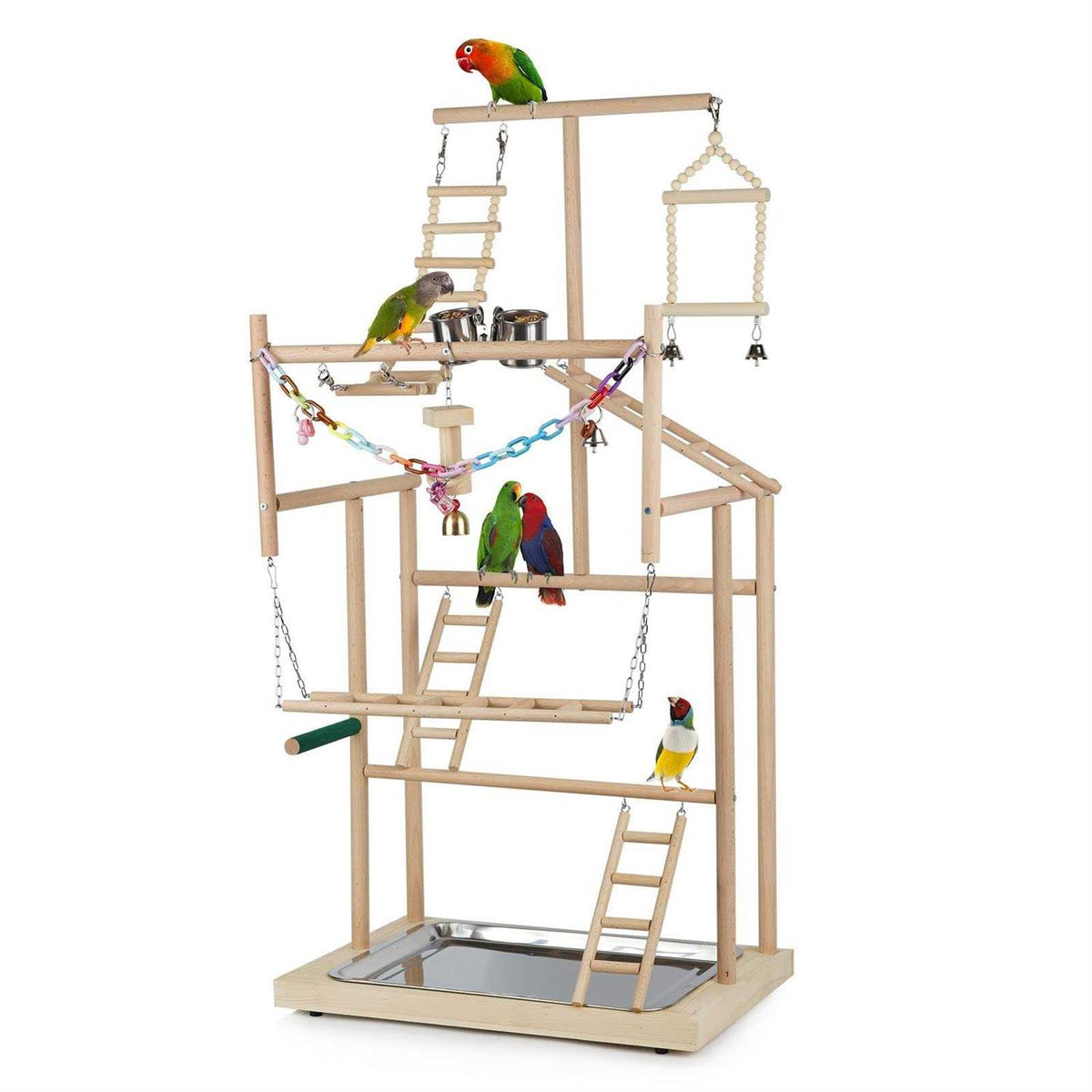 Wood Bird Playstand with Feeder Cups and Bells M3294