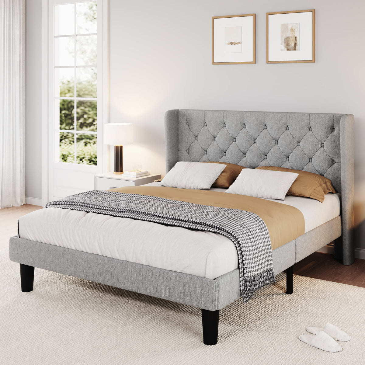 Queen Size Dark Grey Upholstered Platform Bed Frame B778