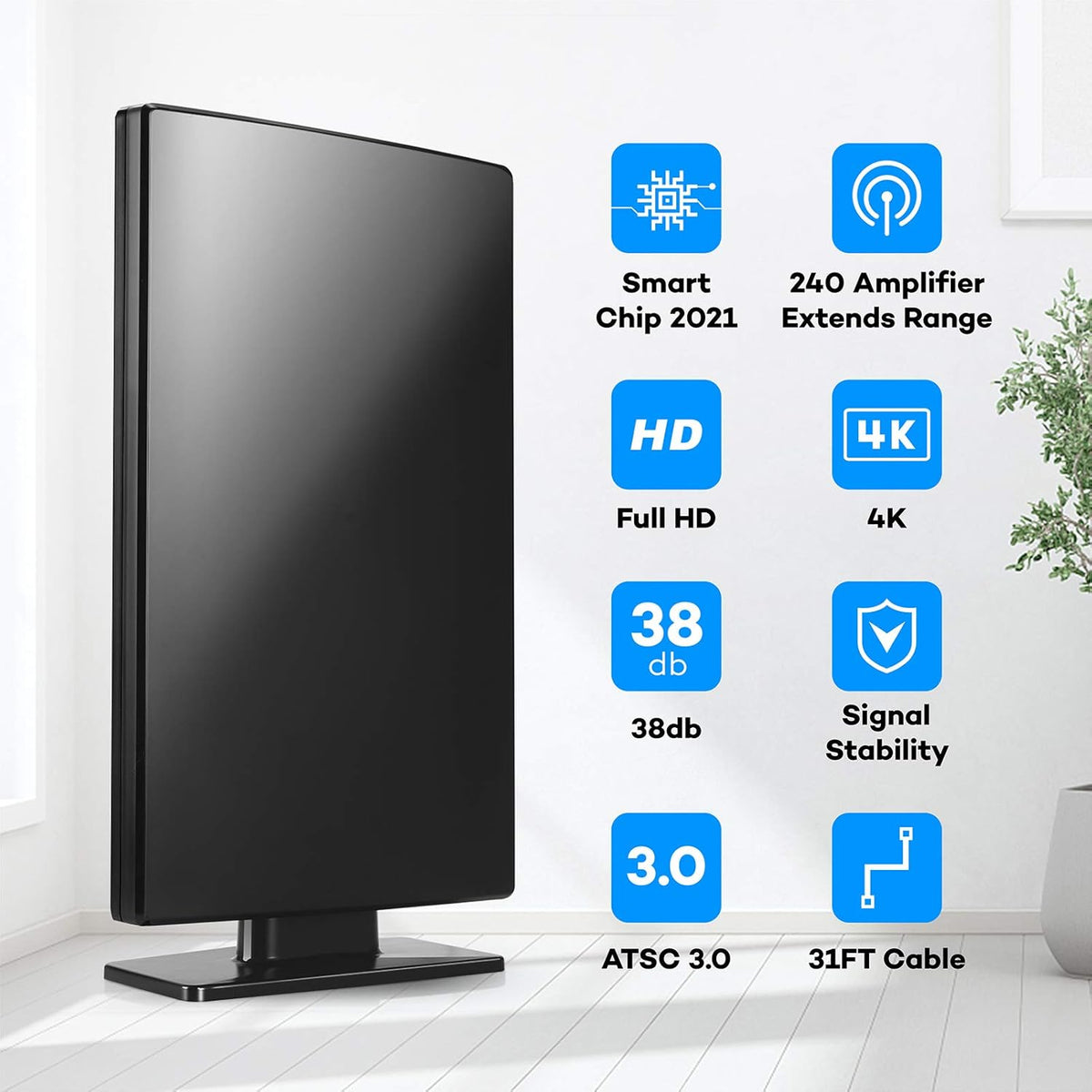 Amplified HD TV Antenna, 240Miles Range, 31ft Coax Cable Q29136