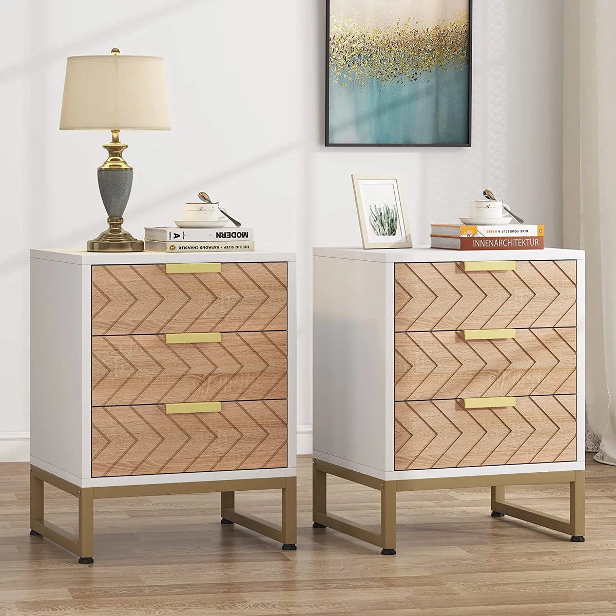 Set of 2 White Gold 3 Drawer Nightstand L6189