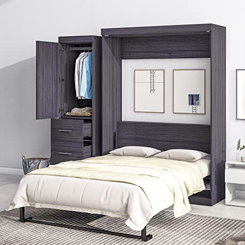 Full Size Grey Murphy Bed with Side Cabinet Storage N82756