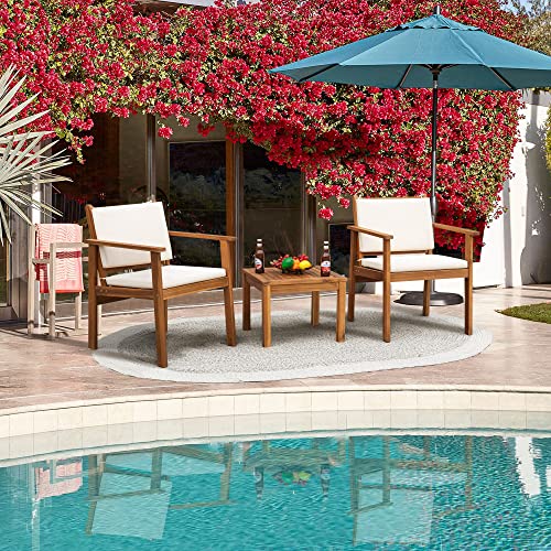 3 Piece Acacia Wood Patio Chairs with Coffee Table & Cushions M528