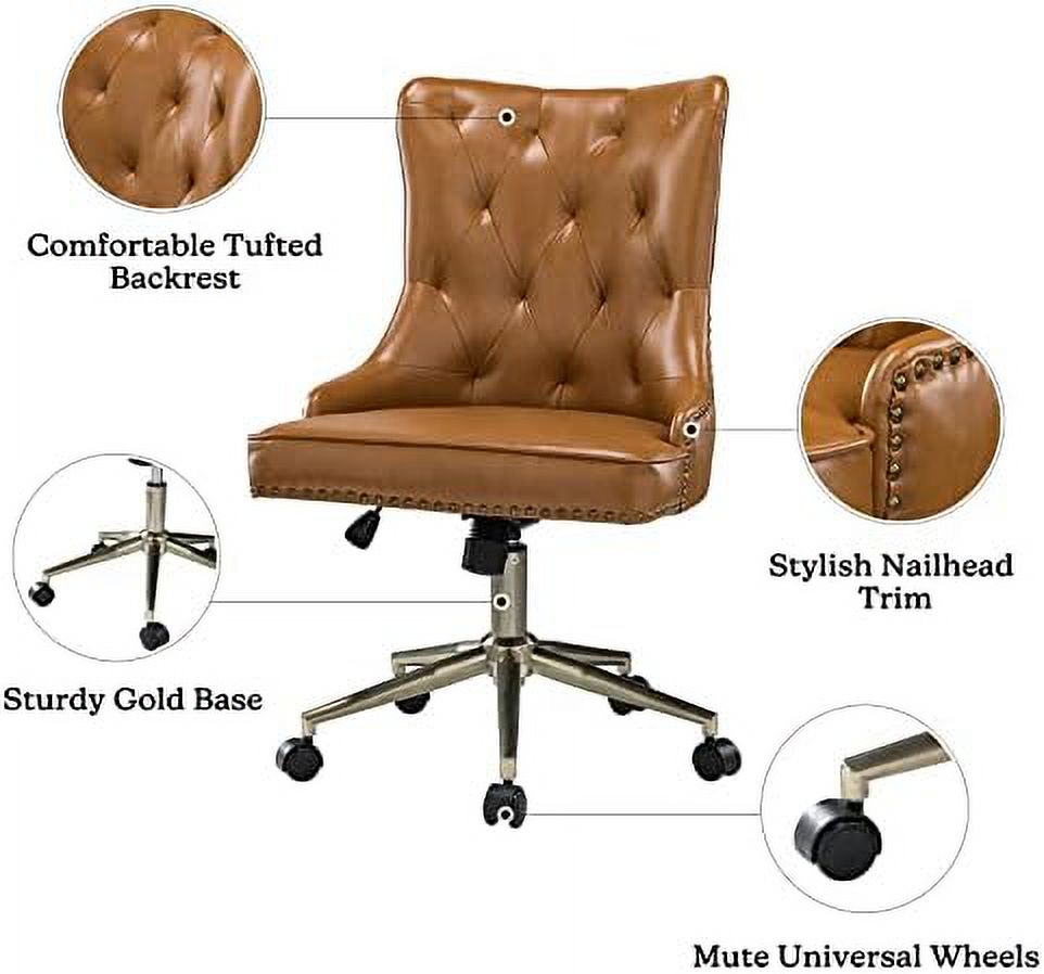 Camel PU Leather Armless Ergonomic Swivel Task Chair with 5 Rolling Casters U18866