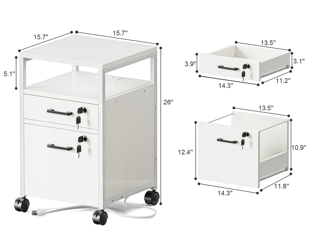 White 2 Drawer Mobile File Cabinet with Lock and Charging Station J65394