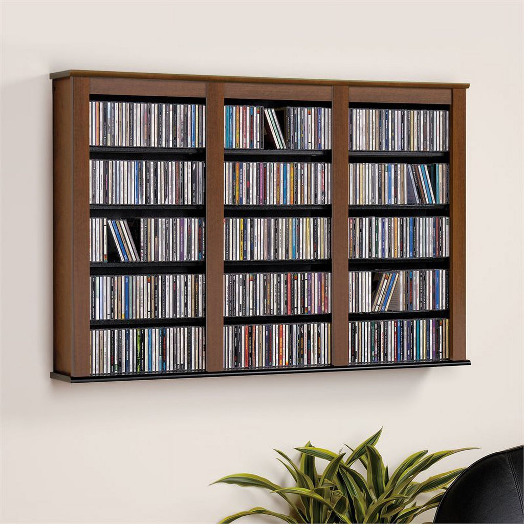 Triple Floating Media Wall Storage in Cherry and Black E339