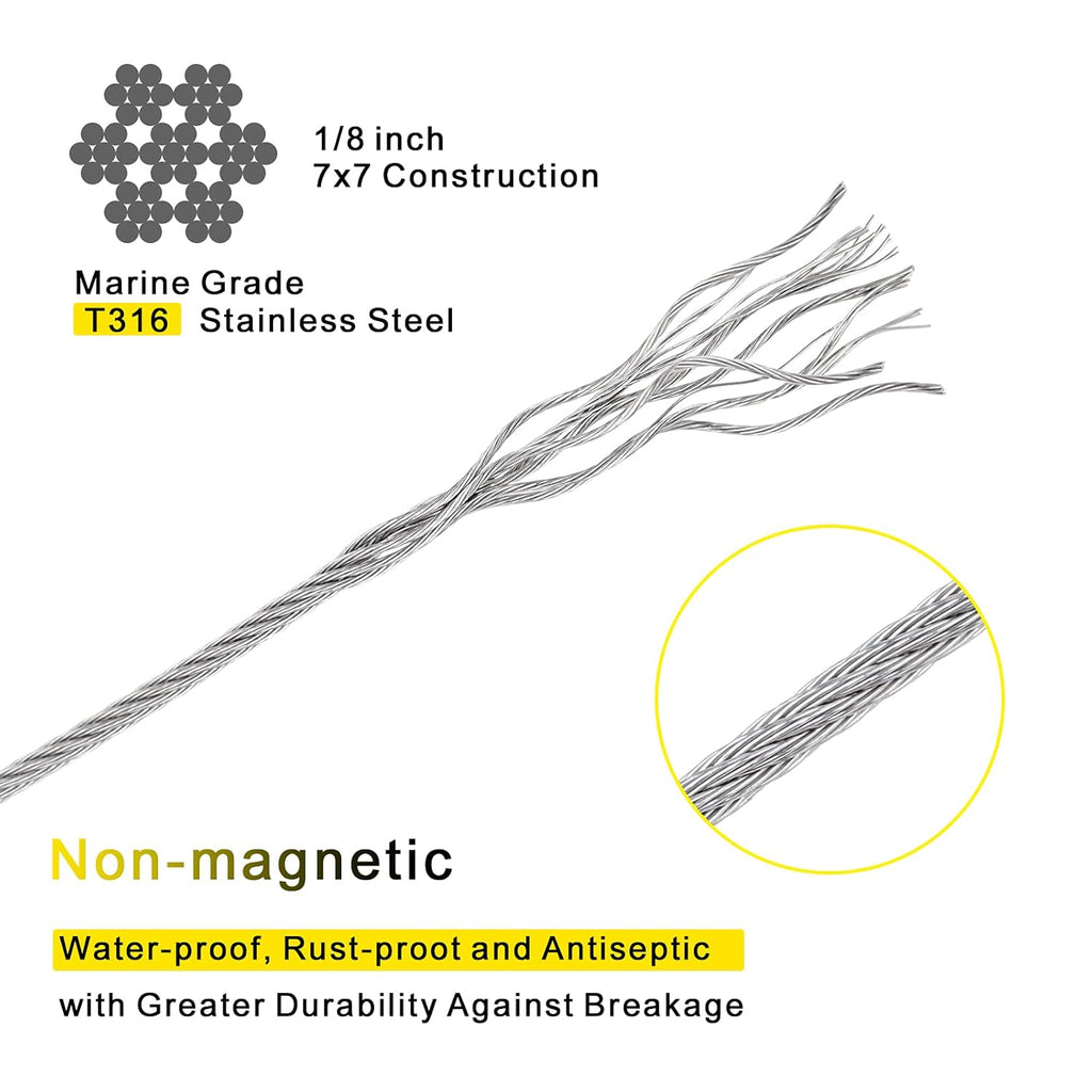 1/8 T316 Stainless Steel Cable with Cutter, 150FT Wire Rope, 7x7 Strands U3482