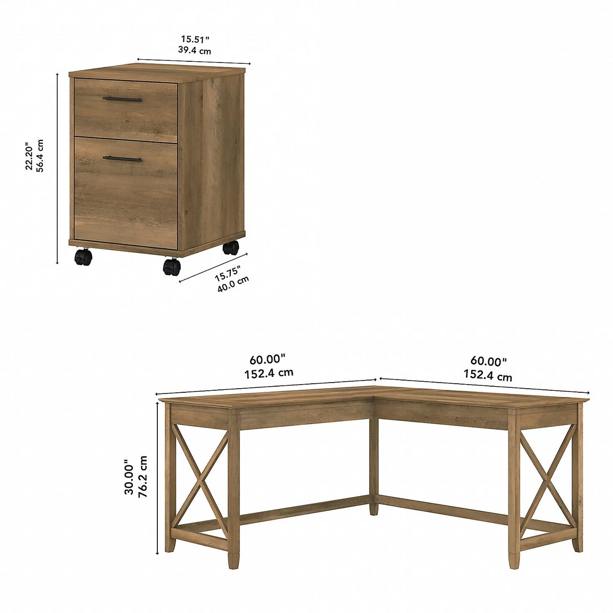 L Desk with Mobile File Cabinet in Reclaimed Pine Engineered Wood L879
