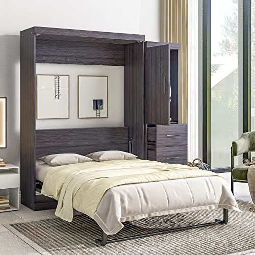 Full Size Grey Murphy Bed with Side Cabinet Storage N82756