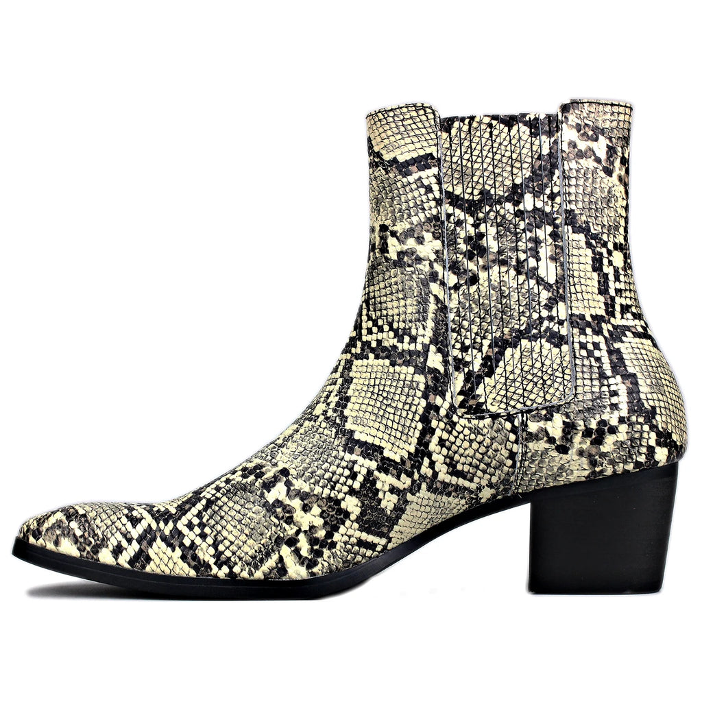 Beige Chelsea Snake Prints Leather Slip-On Dress Boots C4797