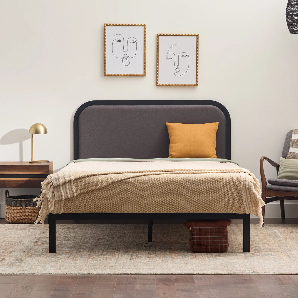 Queen Cream Metal Platform Bed with Upholstered Headboard P994