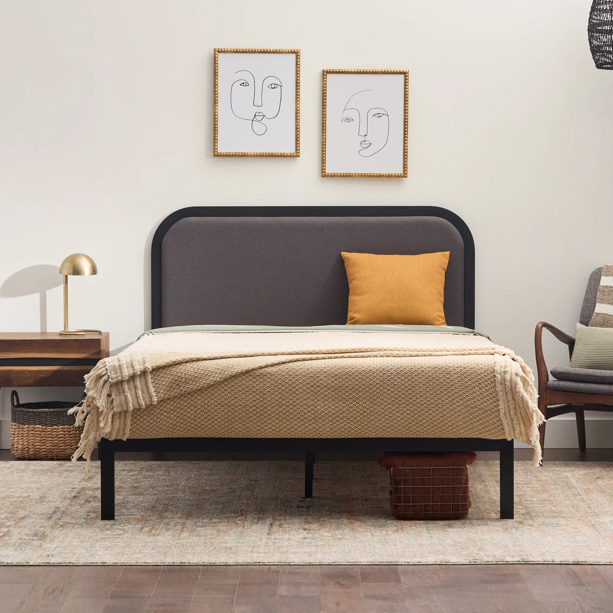 Queen Cream Metal Platform Bed with Upholstered Headboard P994