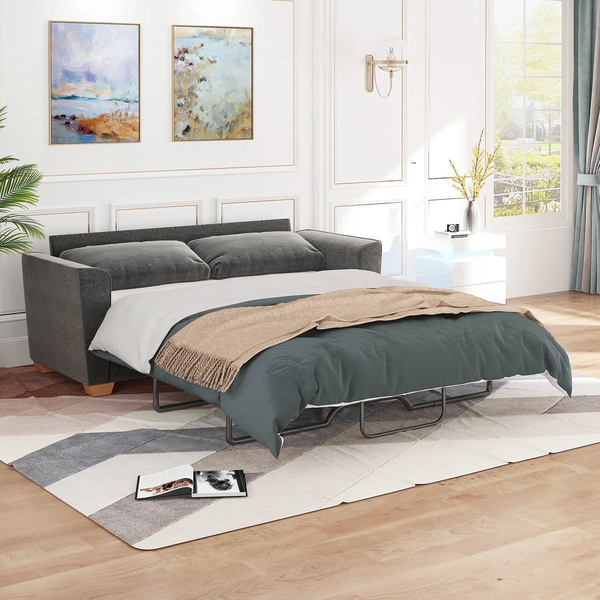 Grey Full Pull Out Sofa Bed with Memory Foam Mattress D9670