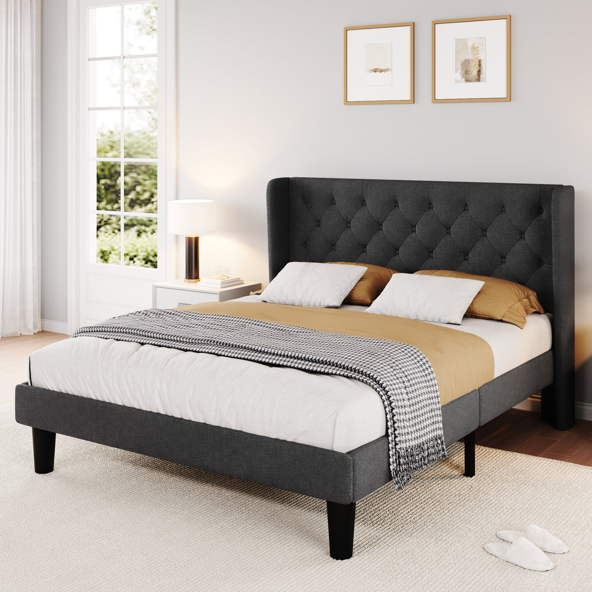 Queen Size Dark Grey Upholstered Platform Bed Frame B778